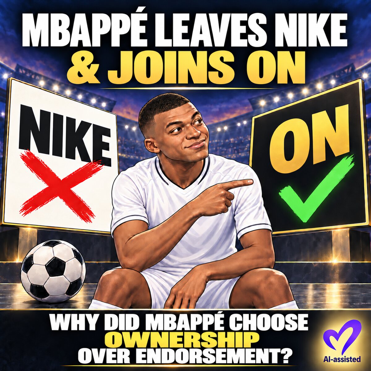 Editorial cartoon showing Kylian Mbappé leaving Nike and joining On
